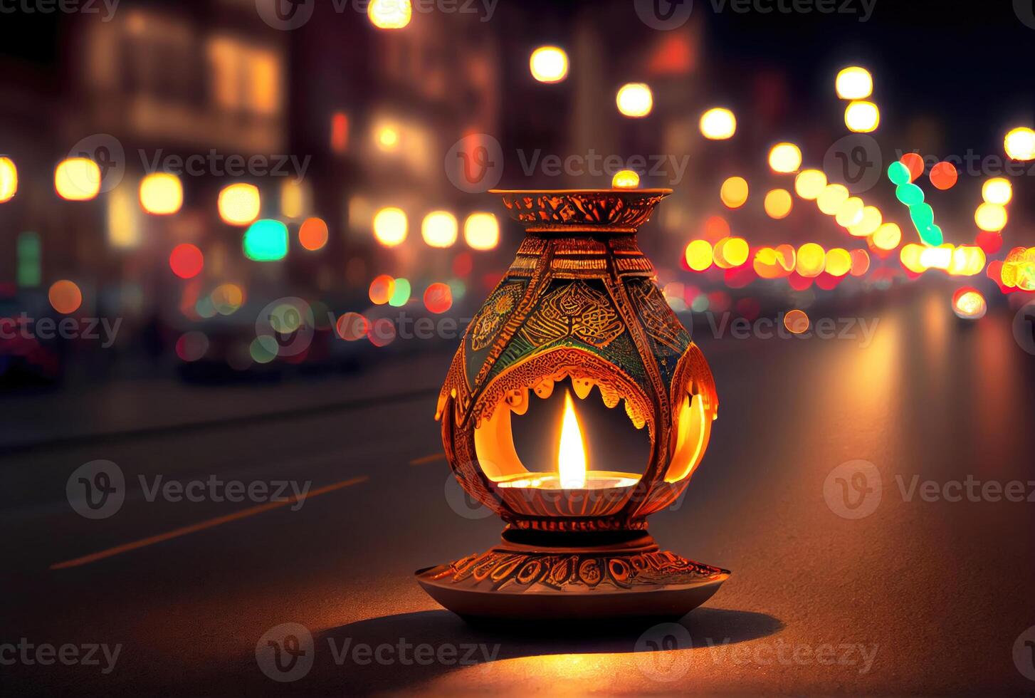 Diya lamp with bokeh light at the downtown street in Diwali festival. photo