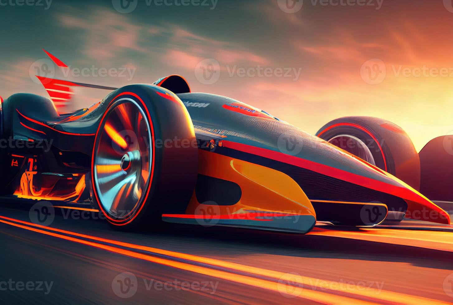 Grand prix racing car in the fast track background. Hobbies leisure and Sport tournament concept. photo