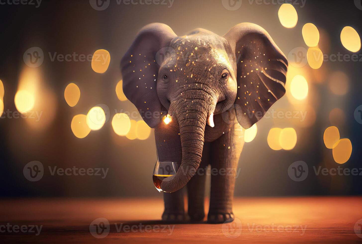 Happy baby elephant holding toasted wine glass in party and golden bokeh light background. Animal and wildlife concept. Digital art illustration. photo