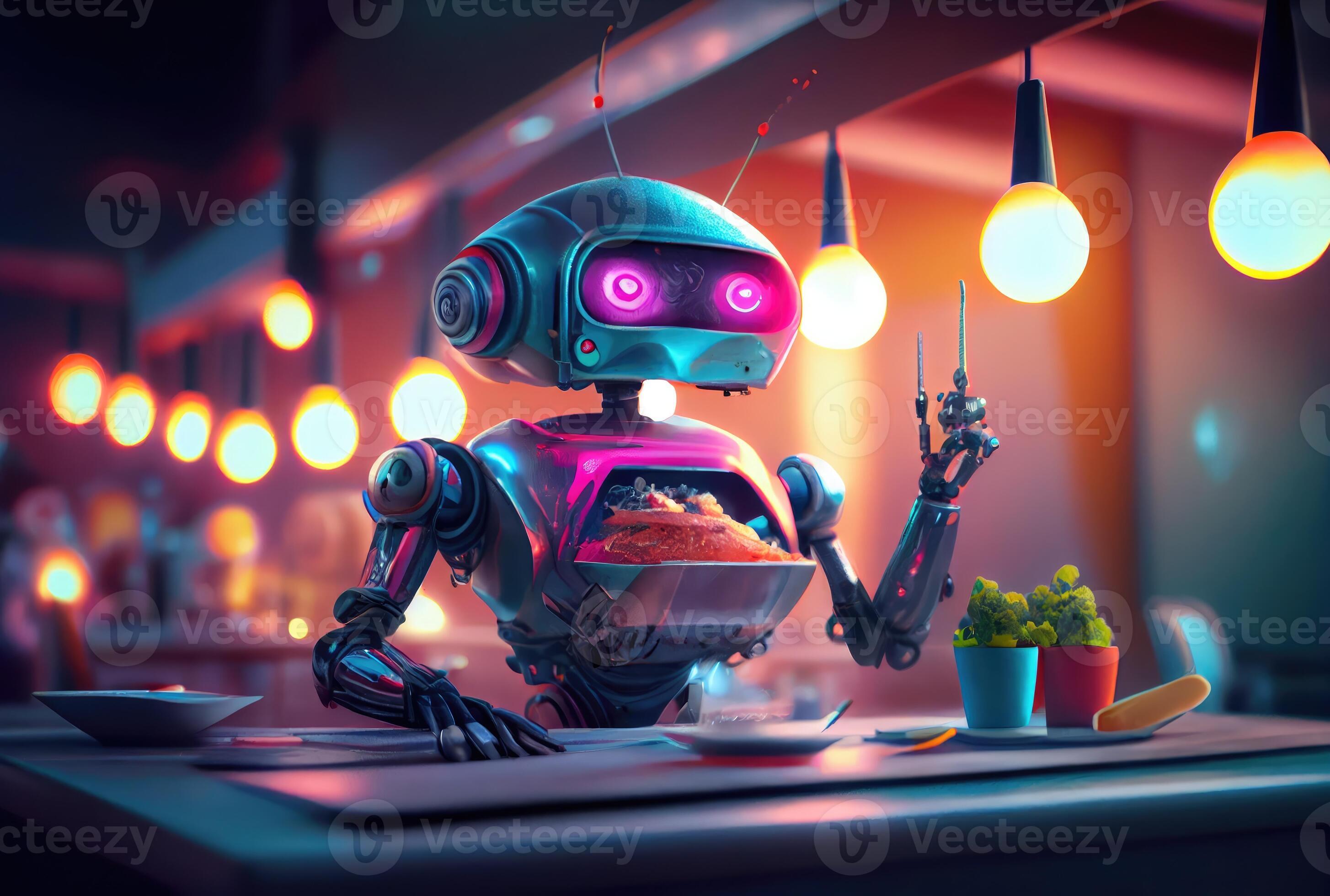 Cute robot eating food in the restaurant background. Technology and