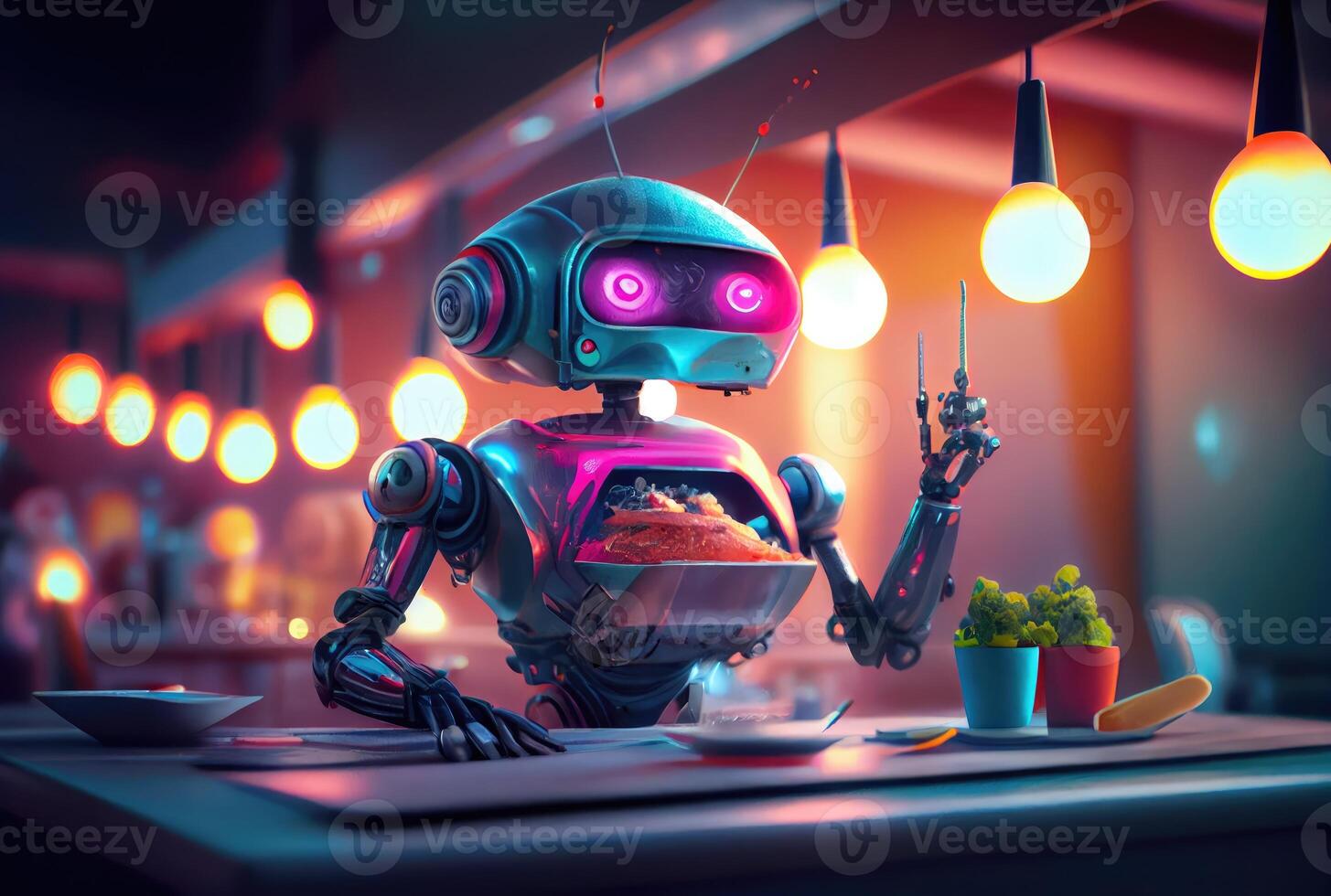 Cute robot eating food in the restaurant background. Technology and food concept. photo