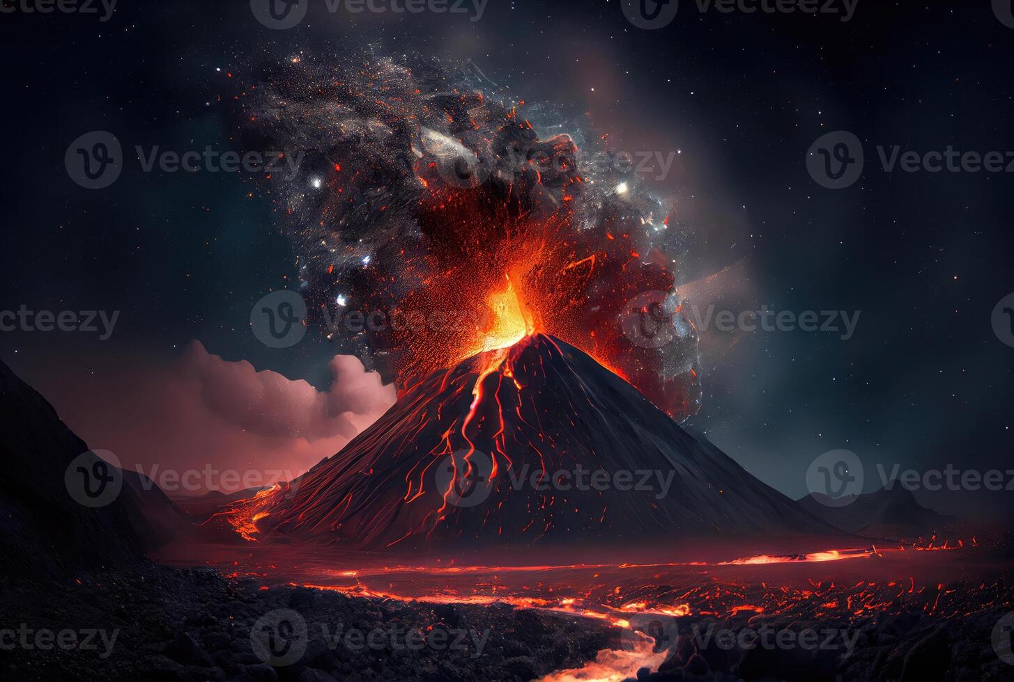 The volcano erupted with hot lava and black smoke covering the sky. Nature and disaster concept. photo