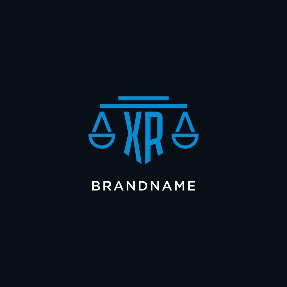 XR monogram initial logo with scales of justice icon design inspiration vector