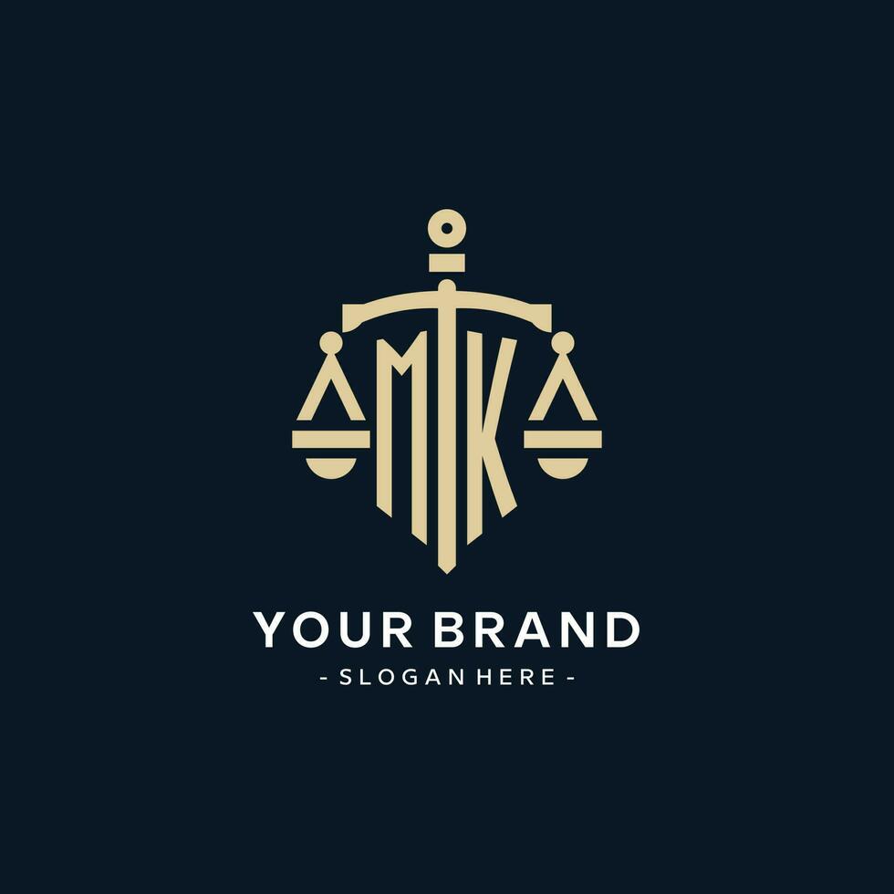 MK initial logo with scale of justice and shield icon vector