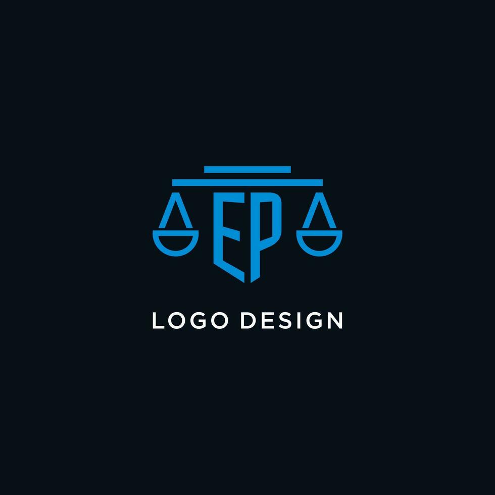 EP monogram initial logo with scales of justice icon design inspiration vector