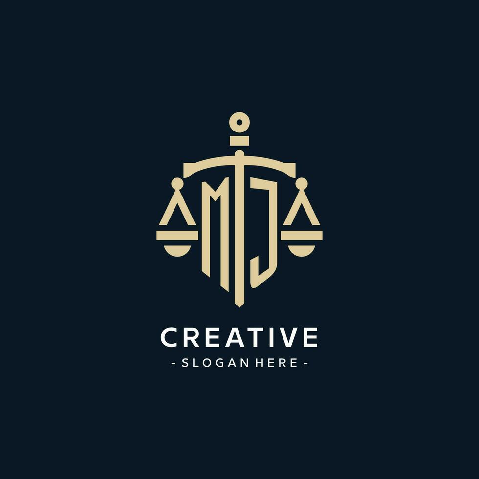 MJ initial logo with scale of justice and shield icon vector