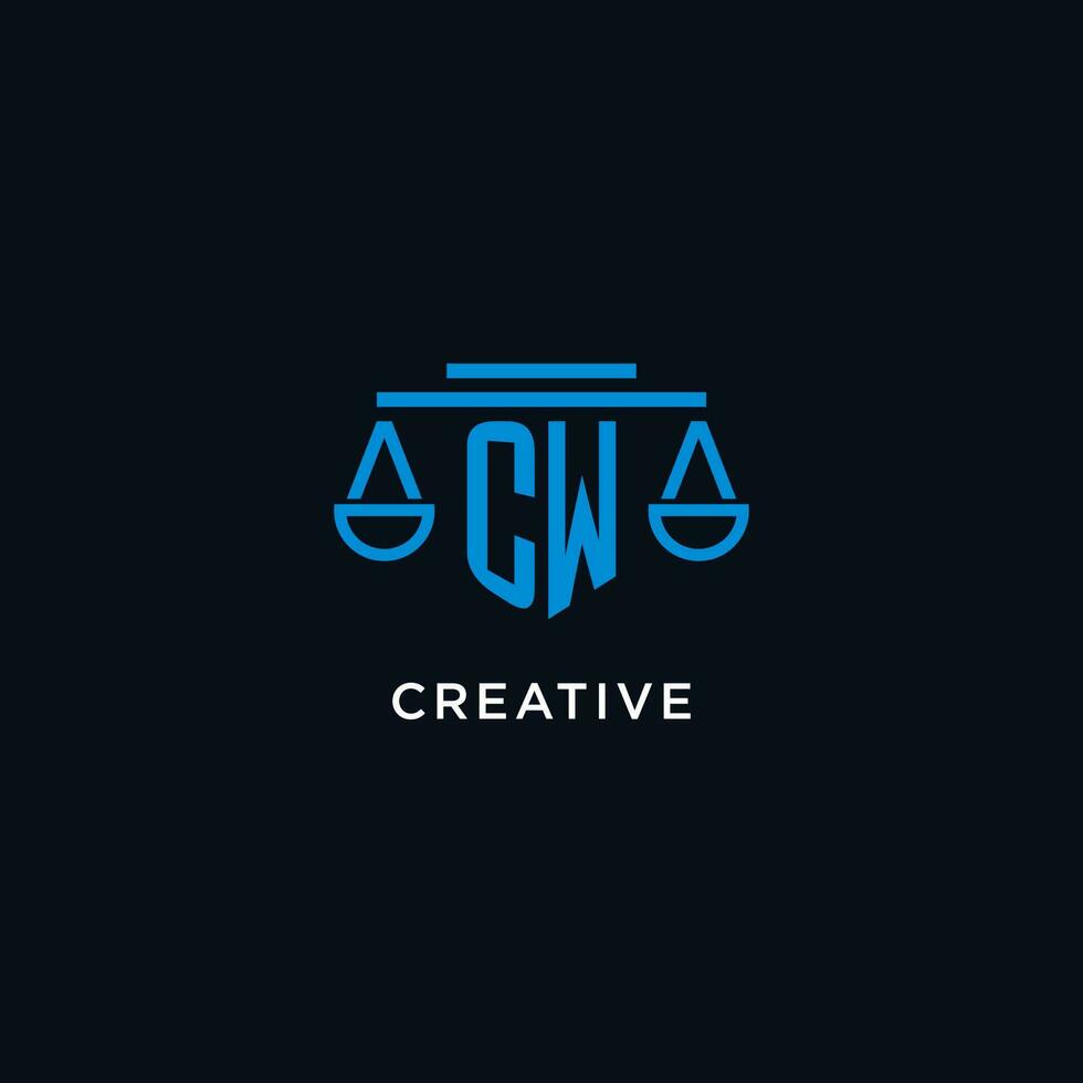 CW monogram initial logo with scales of justice icon design inspiration vector