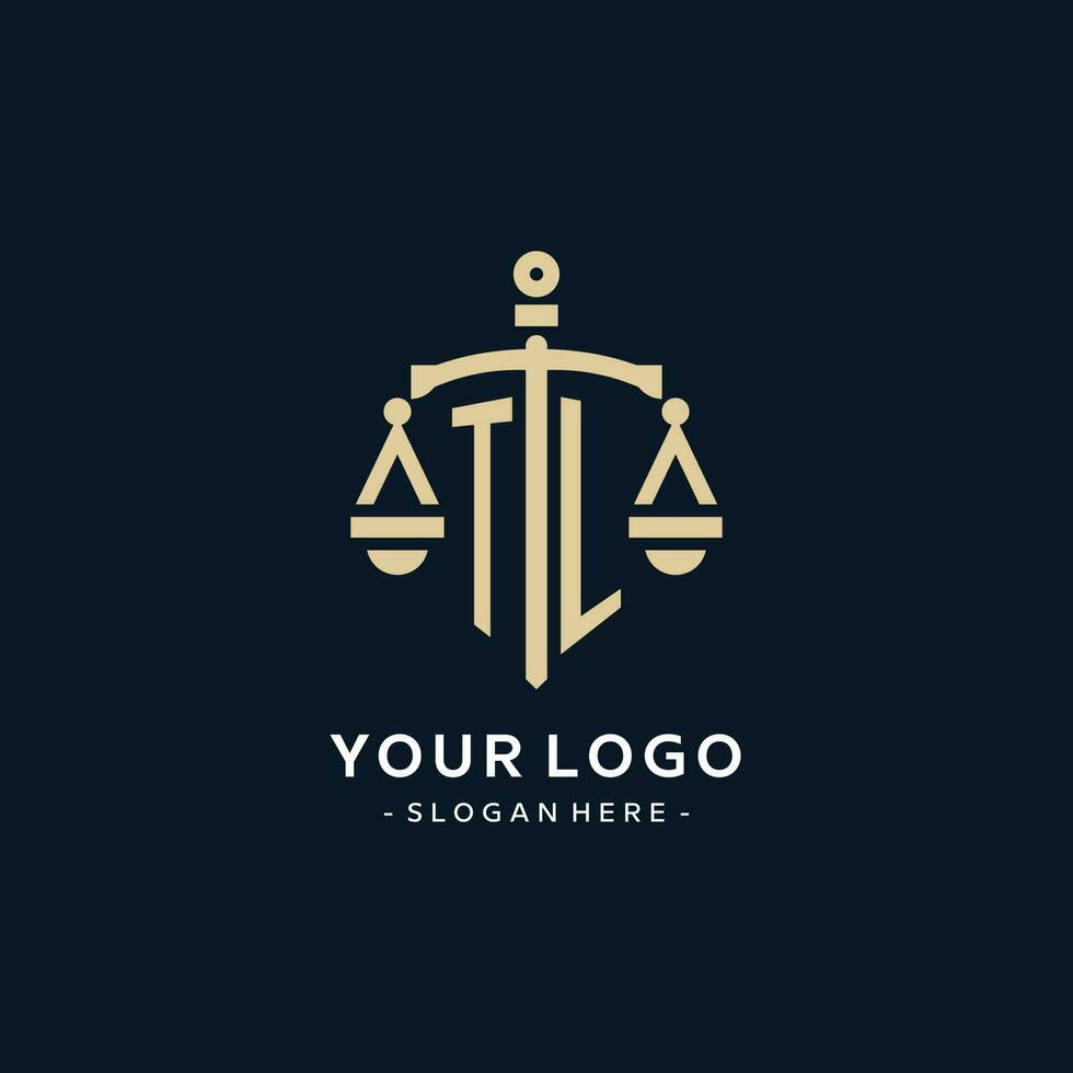 TL initial logo with scale of justice and shield icon vector