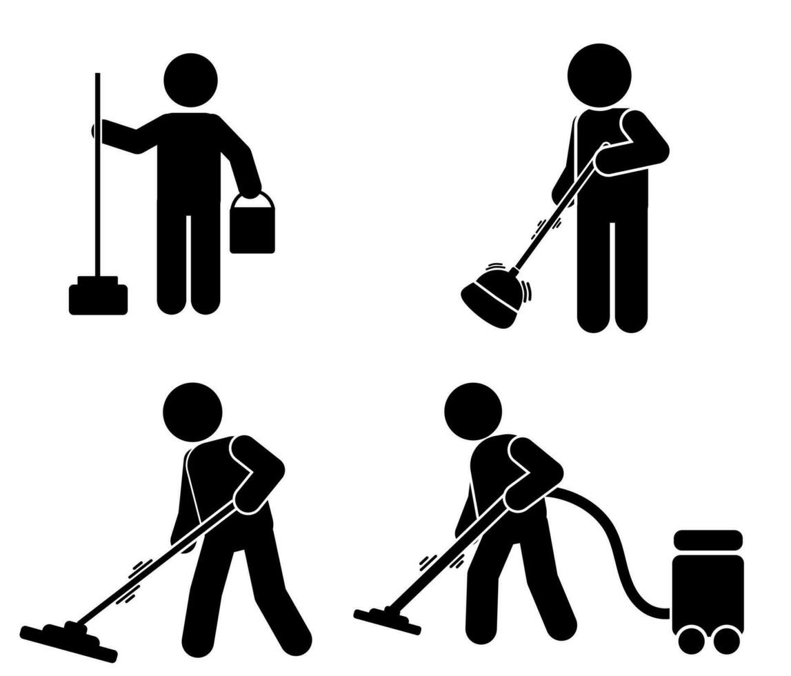 Cleaner Man with Cleaning Tools and Equipments Stick Figure Pictogram . cleaning illustration vector