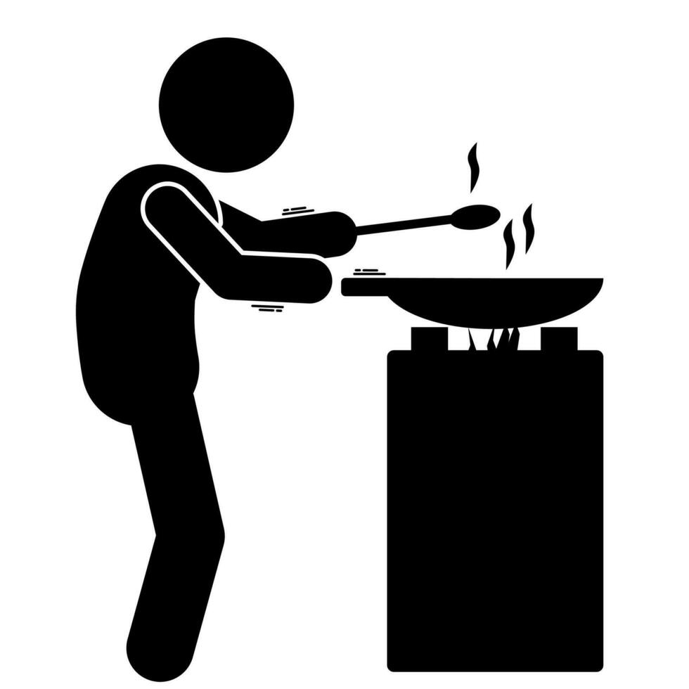 A vector illustration of a young man cooking in the kitchen, stick figure