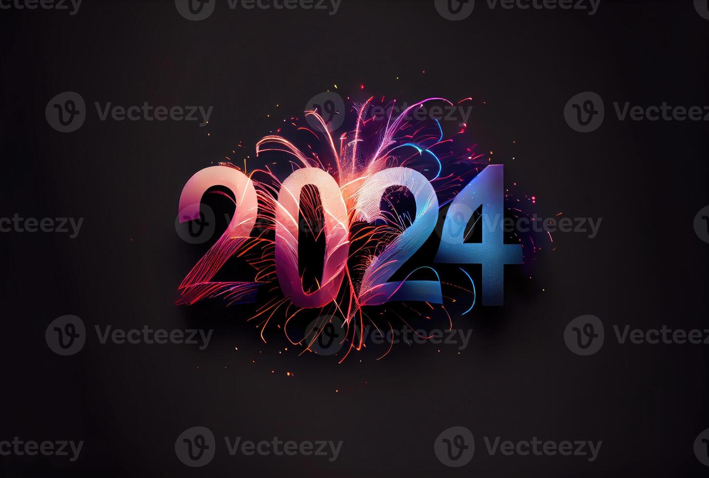 2024 New Year celebration with colorful fireworks on dark background. Happy New Year the year of Dragon and Greeting card concept. photo