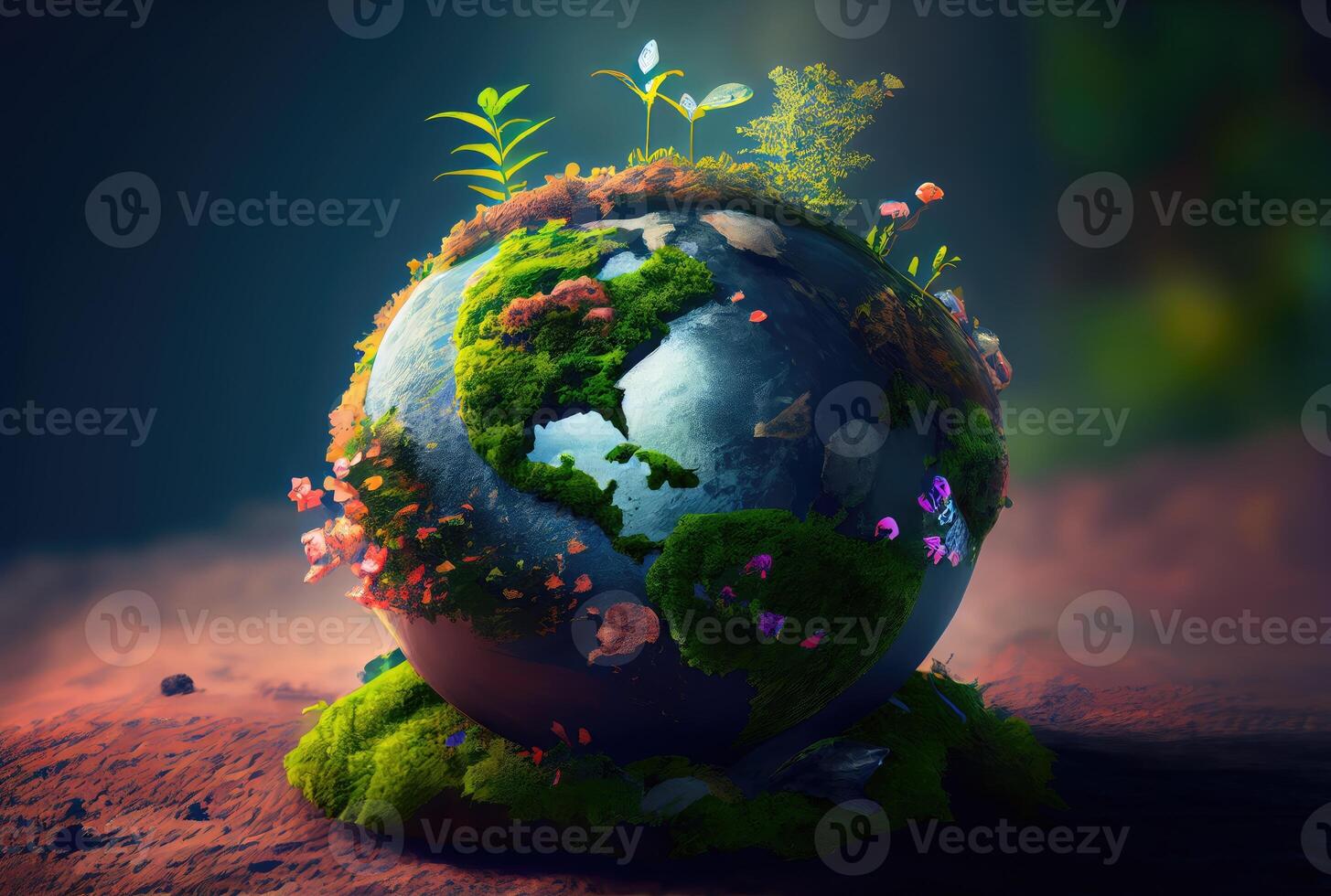 Beautiful Blue globe on the ground with decorating in summer season background. Beauty in nature and World Earth Day concept. photo