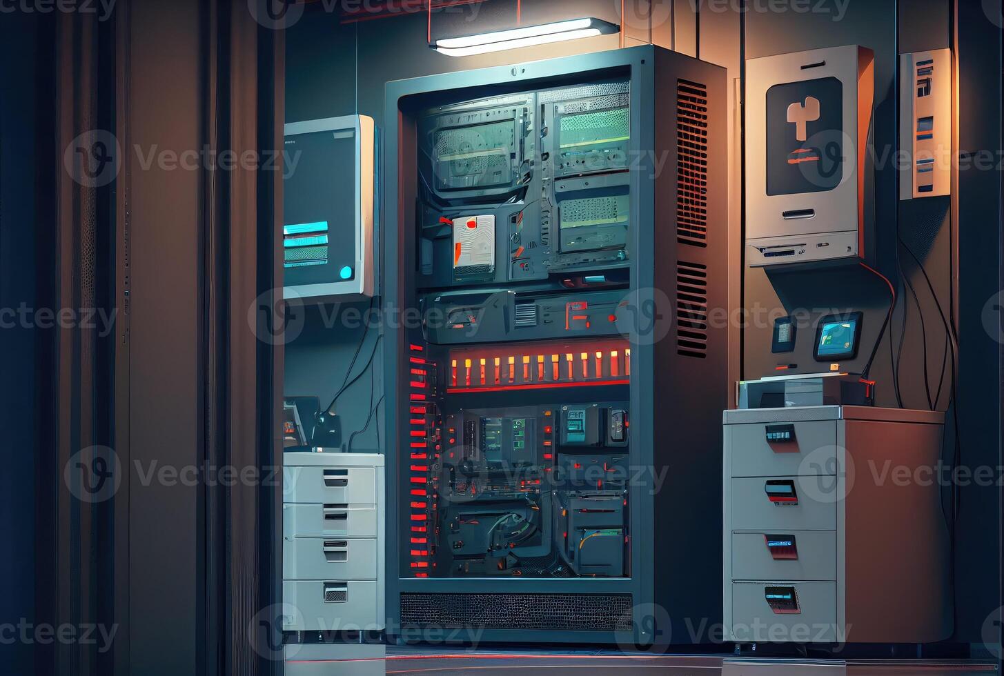 Server room for storage worldwide company database. Technology and big data concept. Digital art illustration. photo