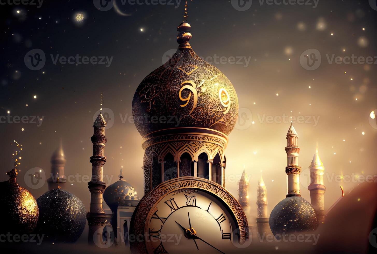 Golden Islamic mosque in New Year celebration festival background. Culture and religion concept. Digital art illustration. photo