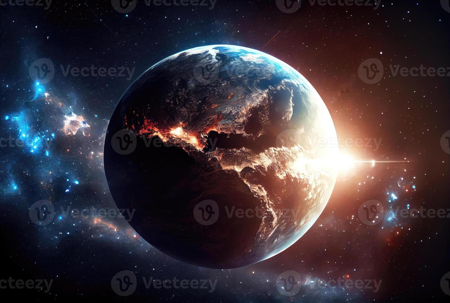 Earth in space view with shining sunrise in universe and galaxy background. Nature and World environment concept. Science and globe. Fantasy sky atmosphere. photo