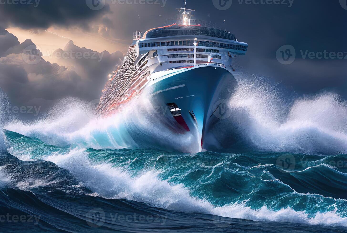 Cruise ship encounters huge waves and raging storms. Transportation and Nature concept. photo