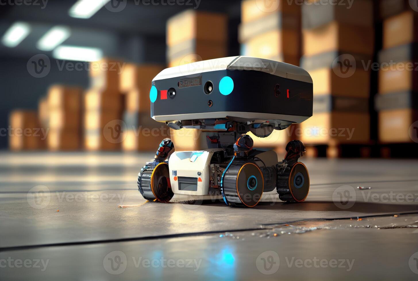 Robot AGV transporting cardboard box in warehouse background. Technology innovation and delivery concept. photo