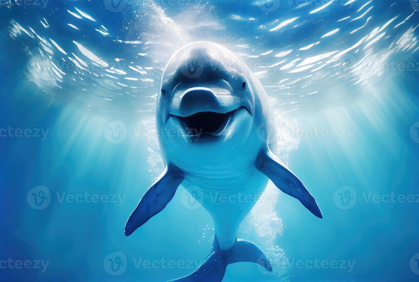 Happy dolphin swimming in the aquarium or sea background. Marine life and animal concept. Digital art illustration. photo