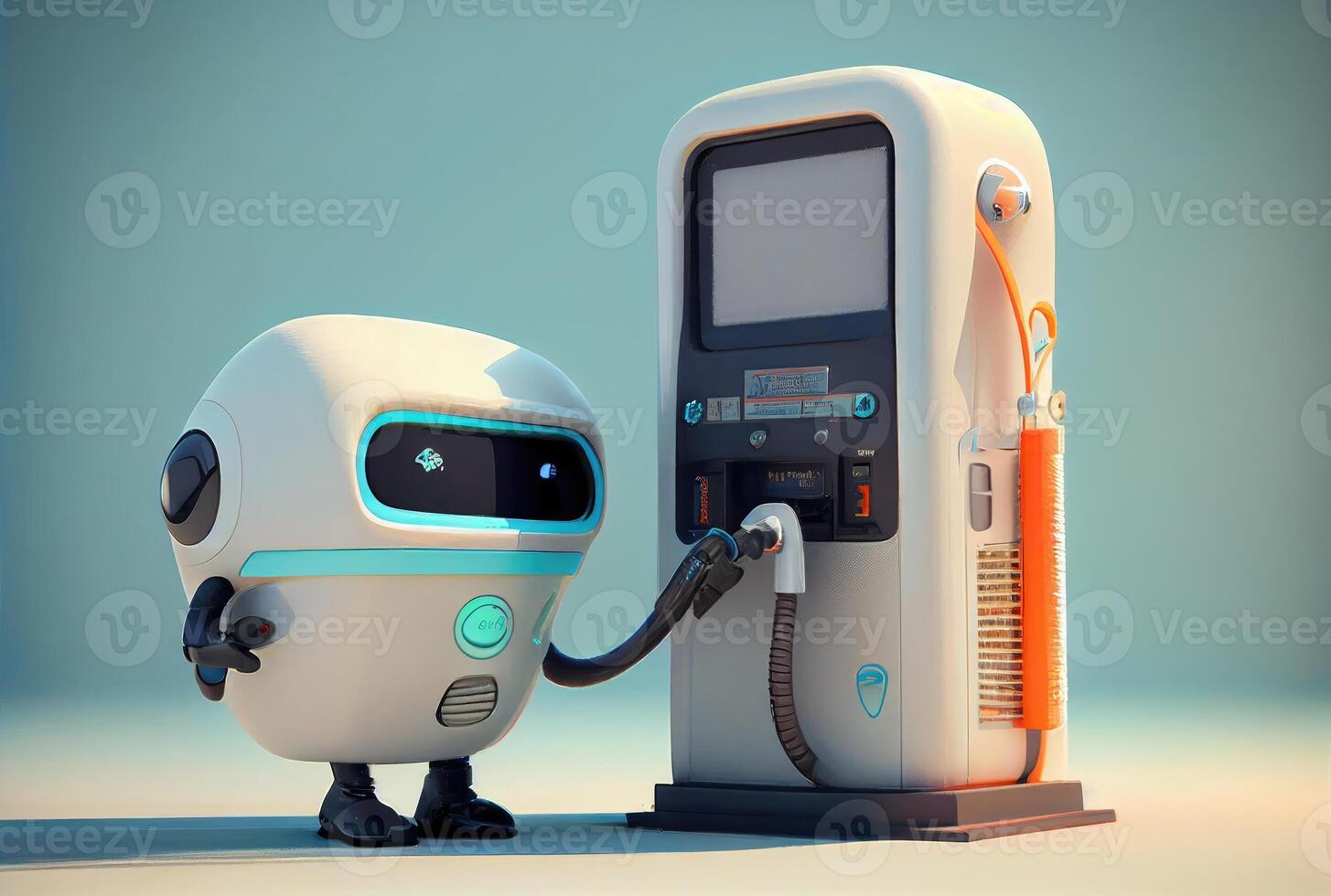 Cute gas station attendant service robot waiting customer for filling the car fuel. Innovative technology and Occupation concept. photo