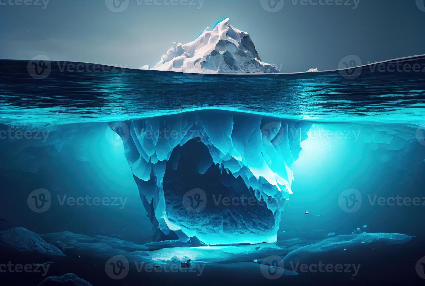 grande iceberg terminado el azul mar superficie antecedentes. paisaje y negocio metáfora concepto. digital Arte ilustración tema. generativo ai foto