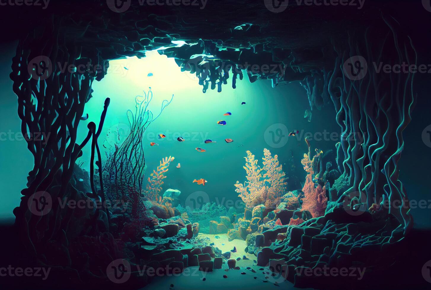 Deep sea and aquatic life with sunshine background. Marine life and undersea concept. photo