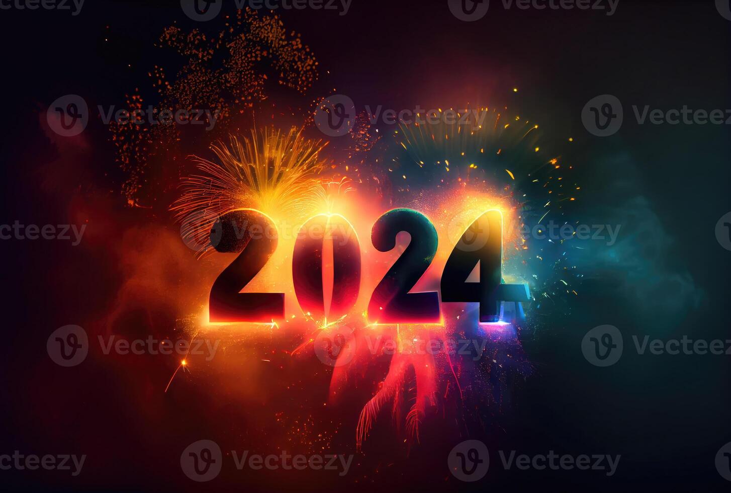 2024 New Year celebration with colorful fireworks on dark background