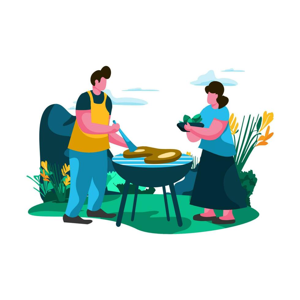 padre y niño asar a la parrilla en el patio interior plano ilustración minimalista moderno vector conceptos para web página sitio web desarrollo, móvil aplicación