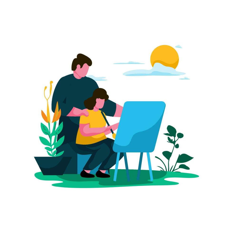 father and child painting together Flat Illustration Minimalist Modern vector concepts for web page website development, mobile app