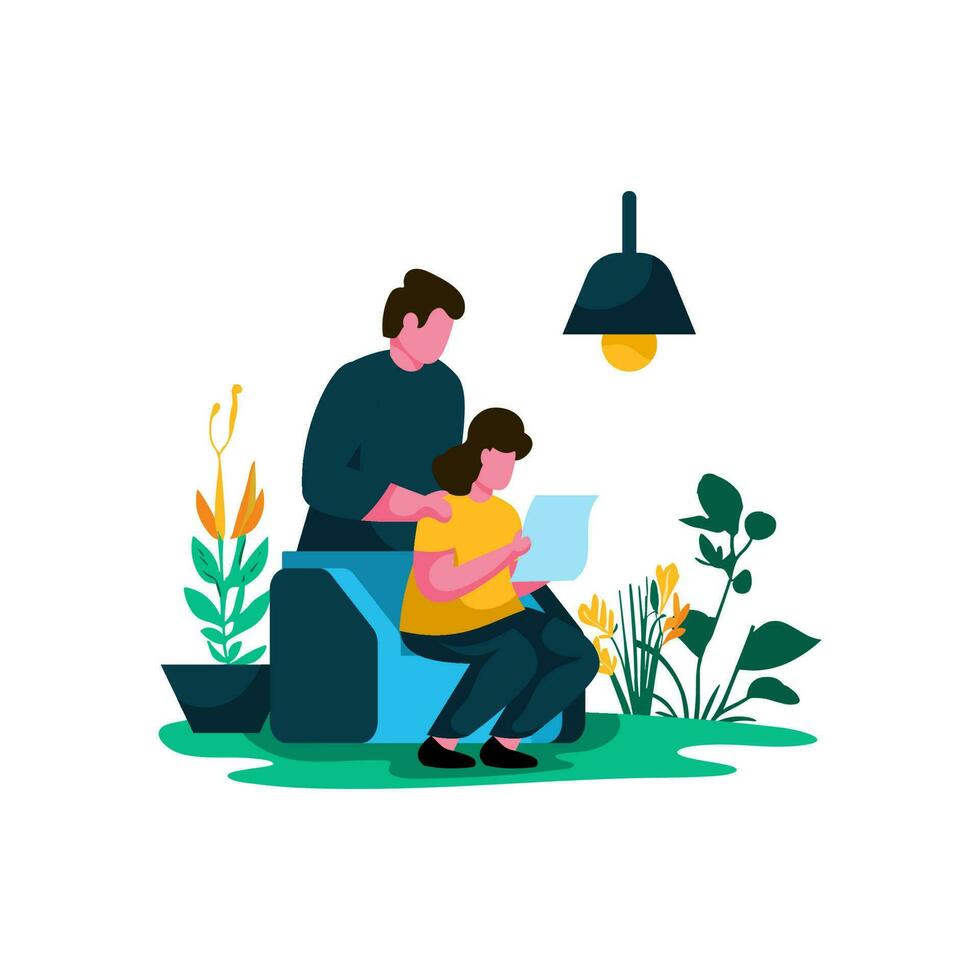 padre y niño leyendo juntos en un acogedor vivo habitación plano ilustración minimalista moderno vector conceptos para web página sitio web desarrollo, móvil aplicación