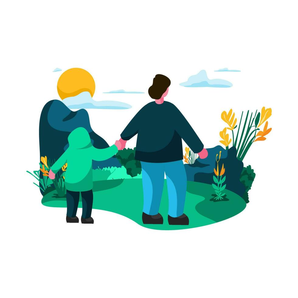 father and child walking in a park Flat Illustration Minimalist Modern vector concepts for web page website development, mobile app