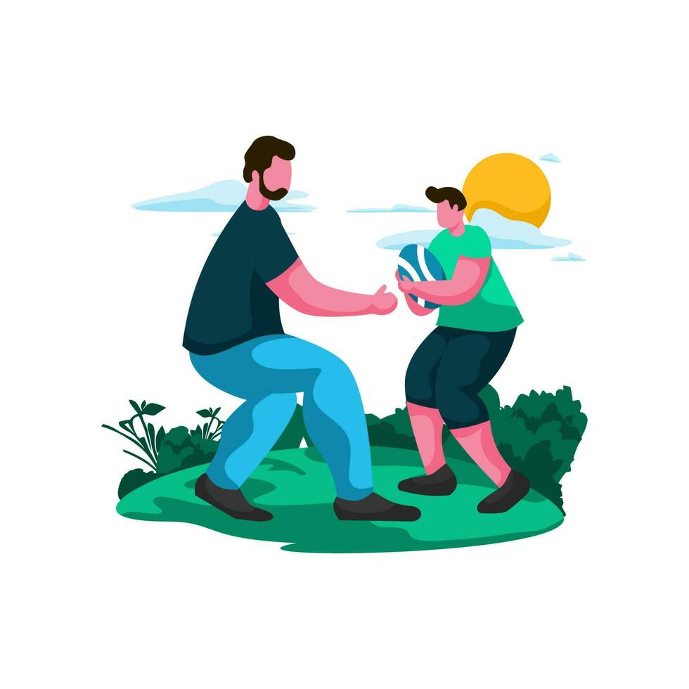 Father and son playing catch ball in the park Flat Illustration Minimalist Modern vector concepts for web page website development, mobile app