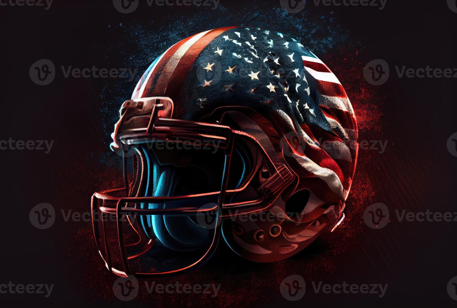 American football helmet in the dark with lighting background. Sport and athlete concept. photo