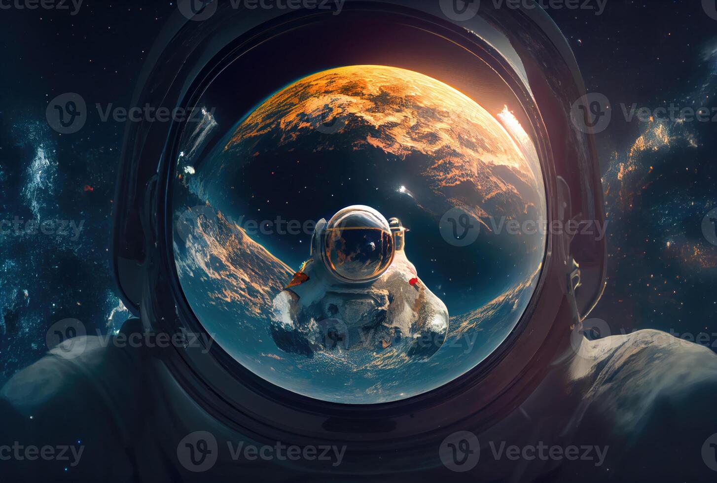 Portrait of astronaut reflect with another astronaut friend in the galaxy in the space. Science and technology concept. Blue earth theme. photo