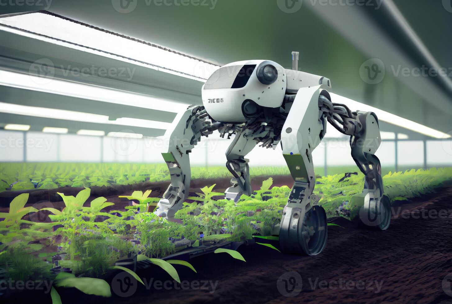 Robot farming harvesting agricultural products in greenhouse. Innovative futuristics technology and 5G smart farming concept. photo