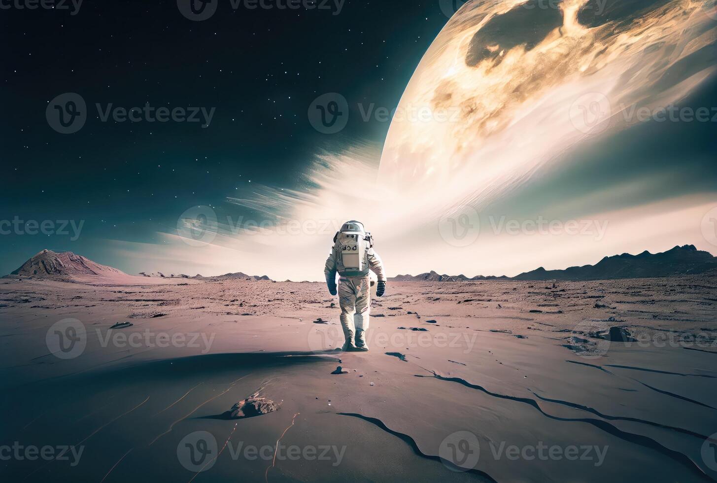 Back view of astronaut with moon in the outer space background. People and Science technology concept. Digital art illustration theme. photo