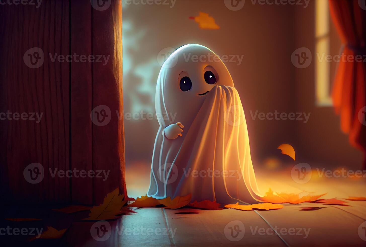 Cute spooky fabric ghost doing hide and seek in Halloween party background. Funny character art concept. photo