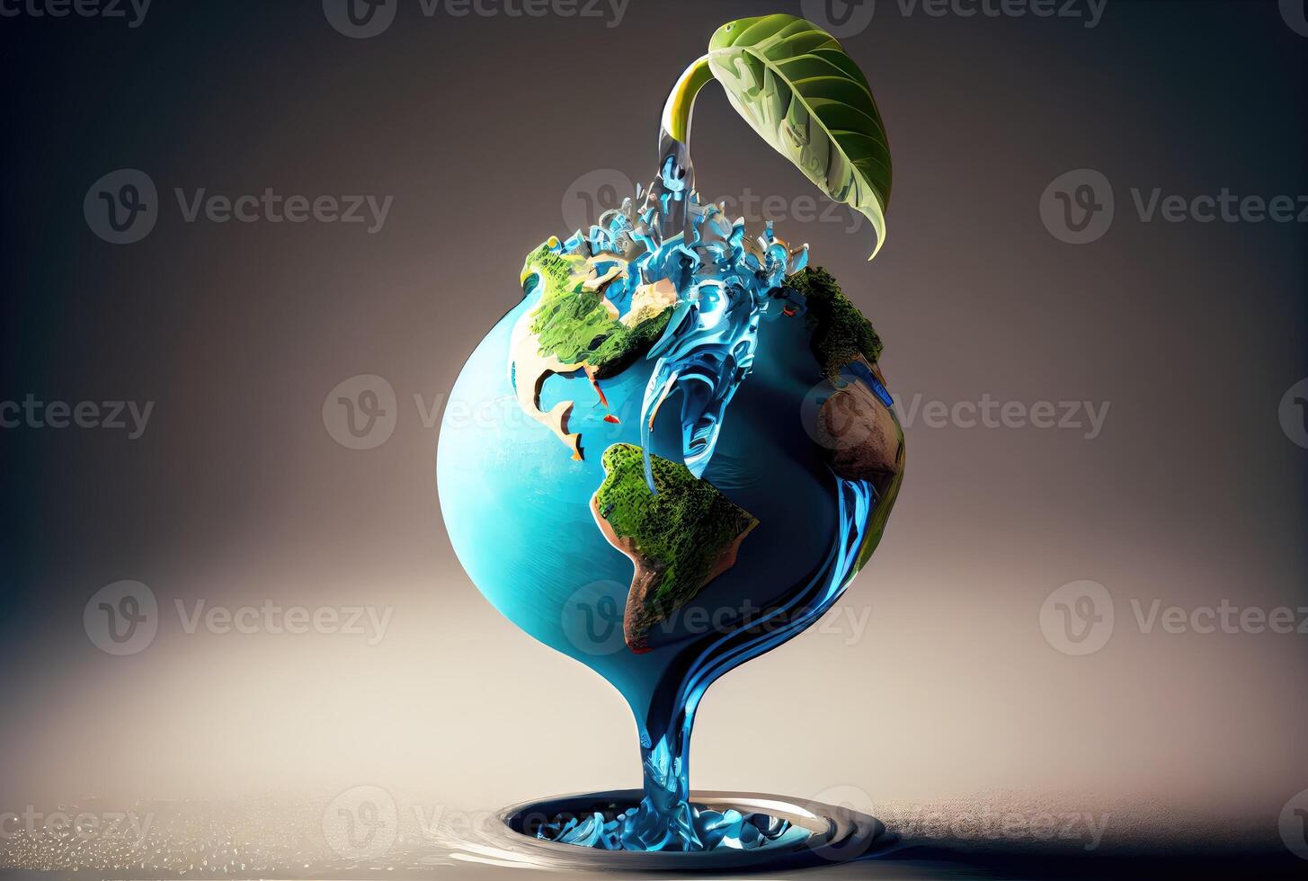 Earth in water drop shape dropping on the ground background. Environment and World savings concept. Digital art illustration. photo