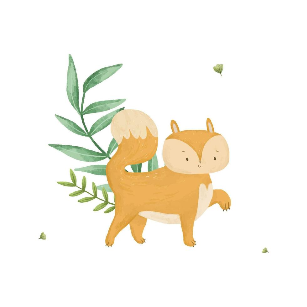 cute childish composition with forest animal and leaves, plants, design and print vector