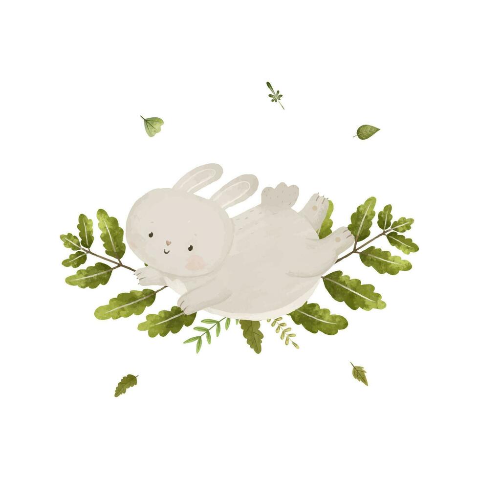 cute childish composition with forest animal and leaves, plants, design and print vector