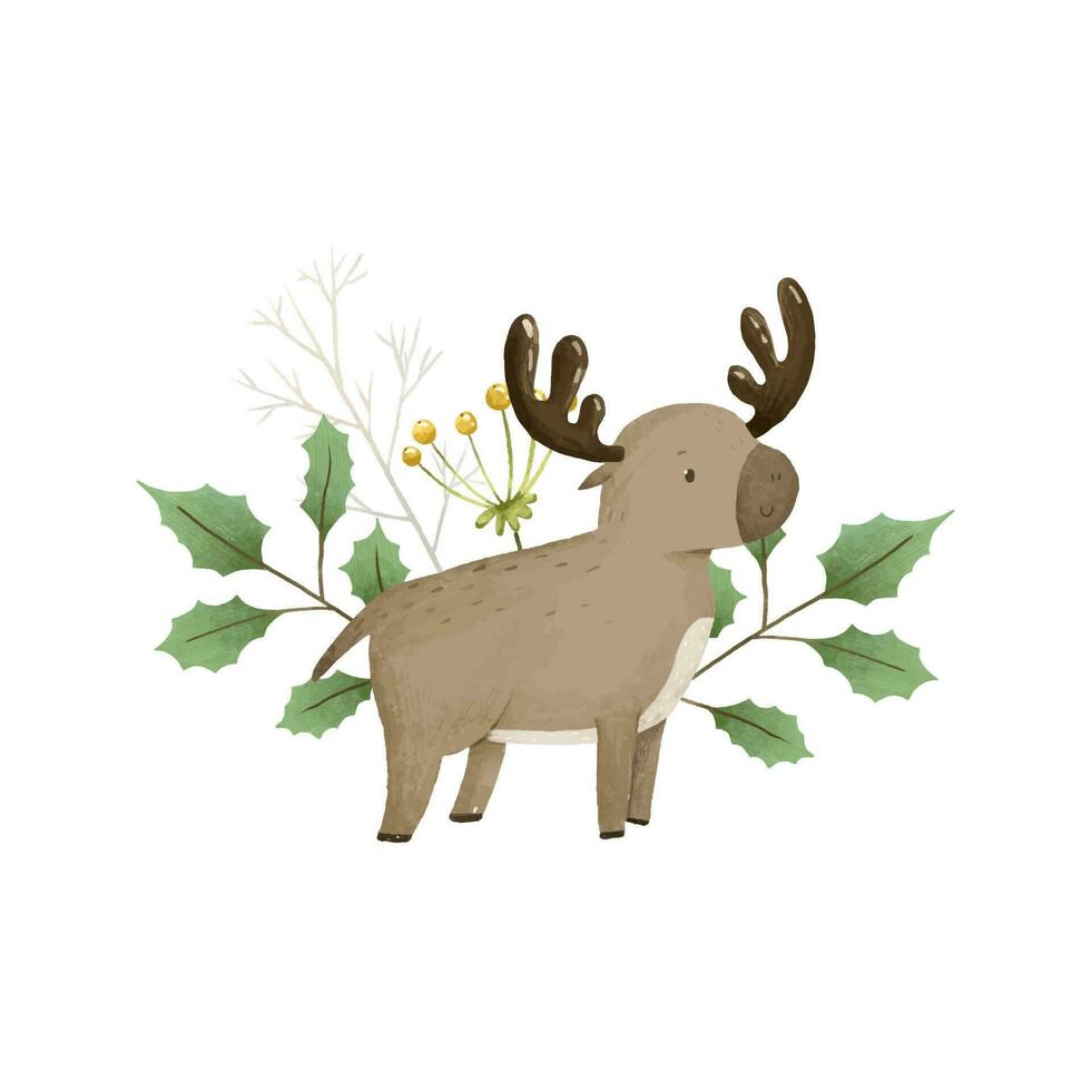 cute childish composition with forest animal and leaves, plants, design and print vector