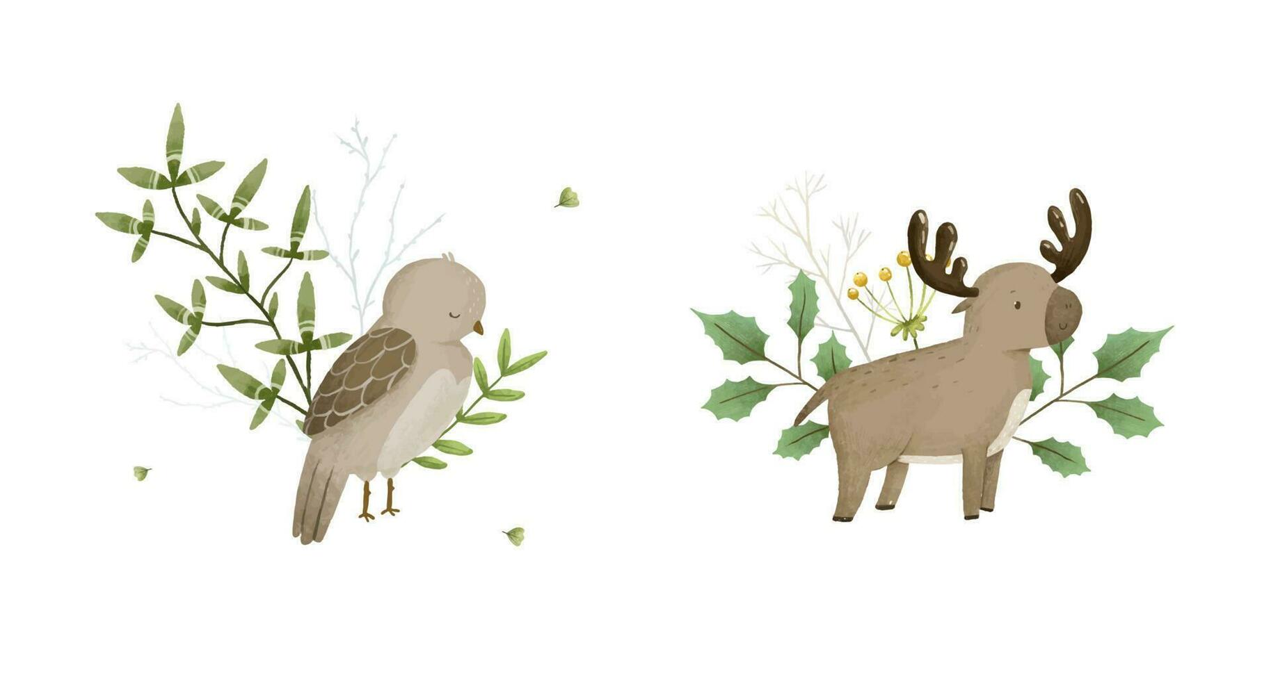 cute childish composition with forest animal and leaves, plants, design and print vector