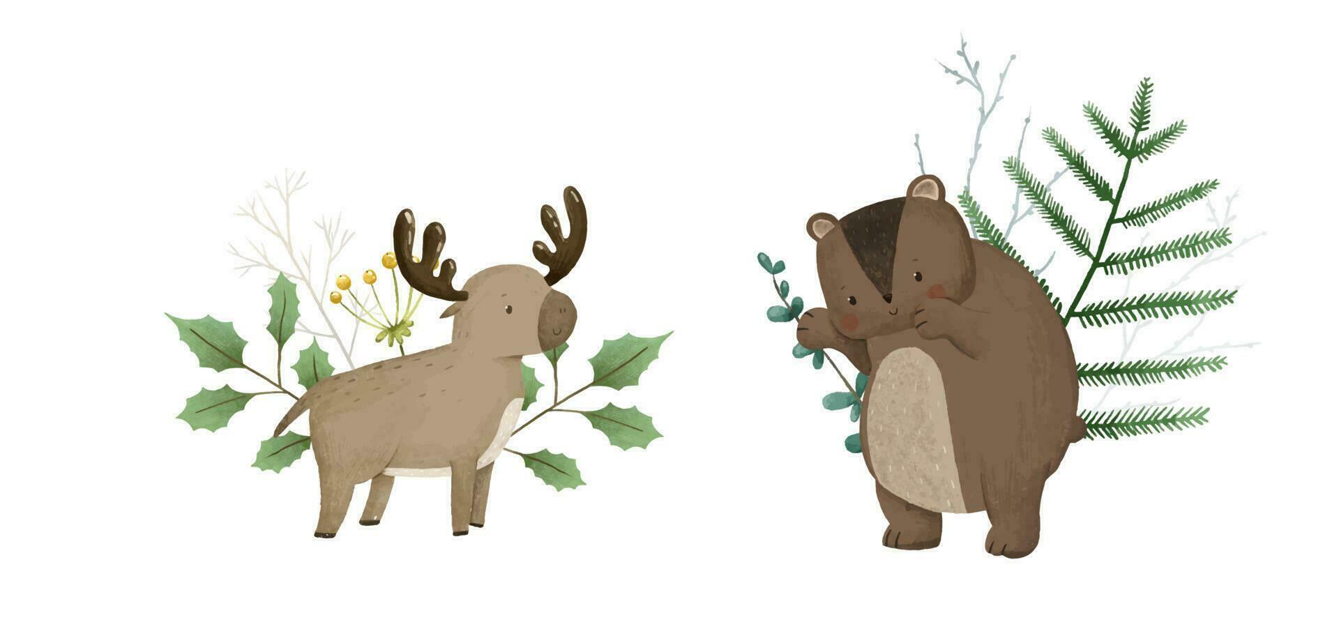 cute childish composition with forest animal and leaves, plants, design and print vector