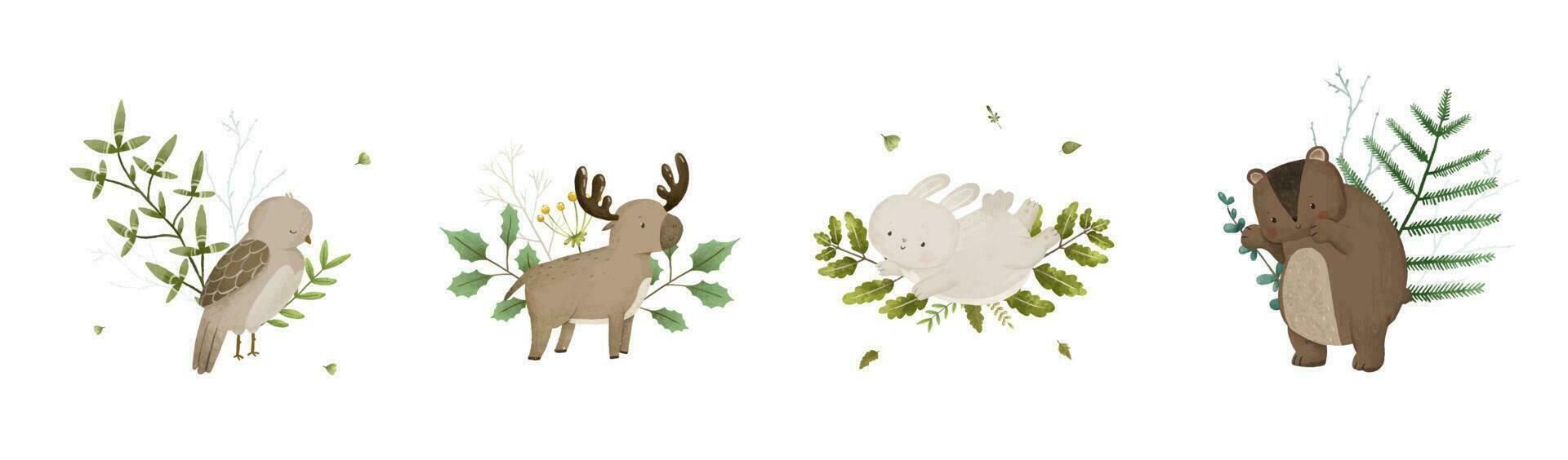 cute childish composition with forest animal and leaves, plants, design and print vector