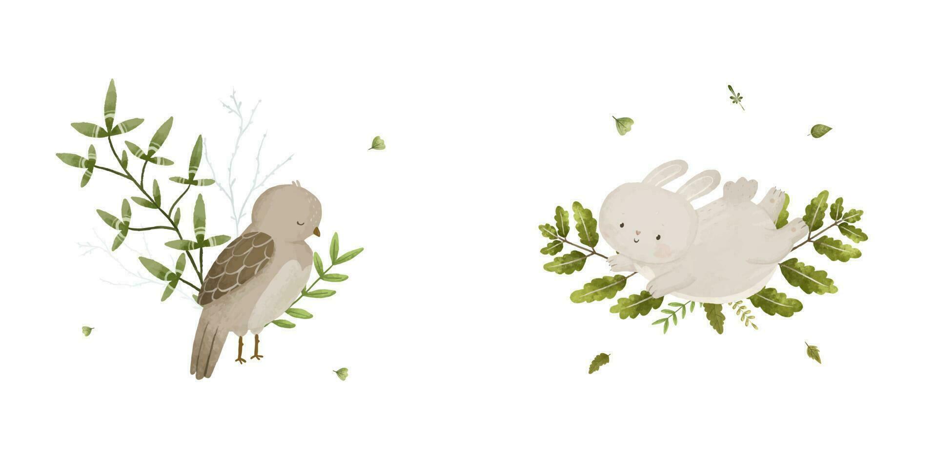 cute childish composition with forest animal and leaves, plants, design and print vector