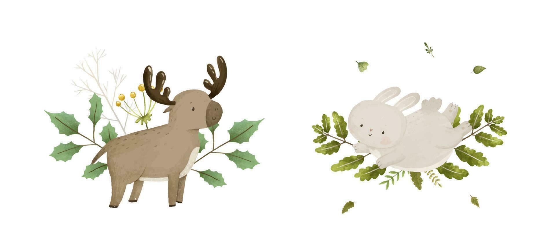 cute childish composition with forest animal and leaves, plants, design and print vector
