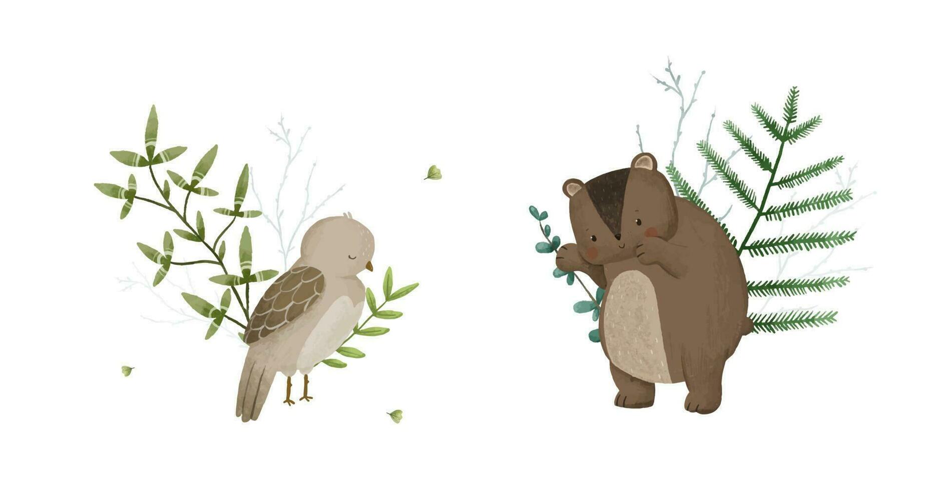 cute childish composition with forest animal and leaves, plants, design and print vector