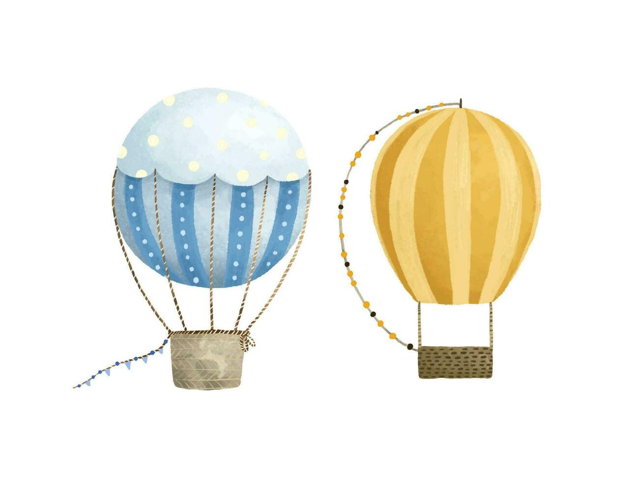 cute childish illustration with hot air balloon, journey, trip set. Baby art, sticker vector