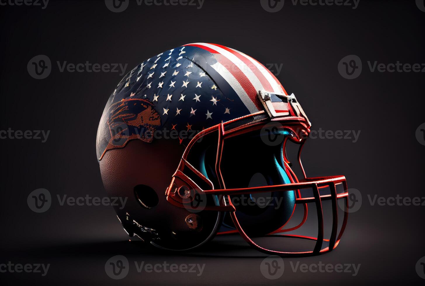 American football helmet in the dark with lighting background. Sport and athlete concept. photo