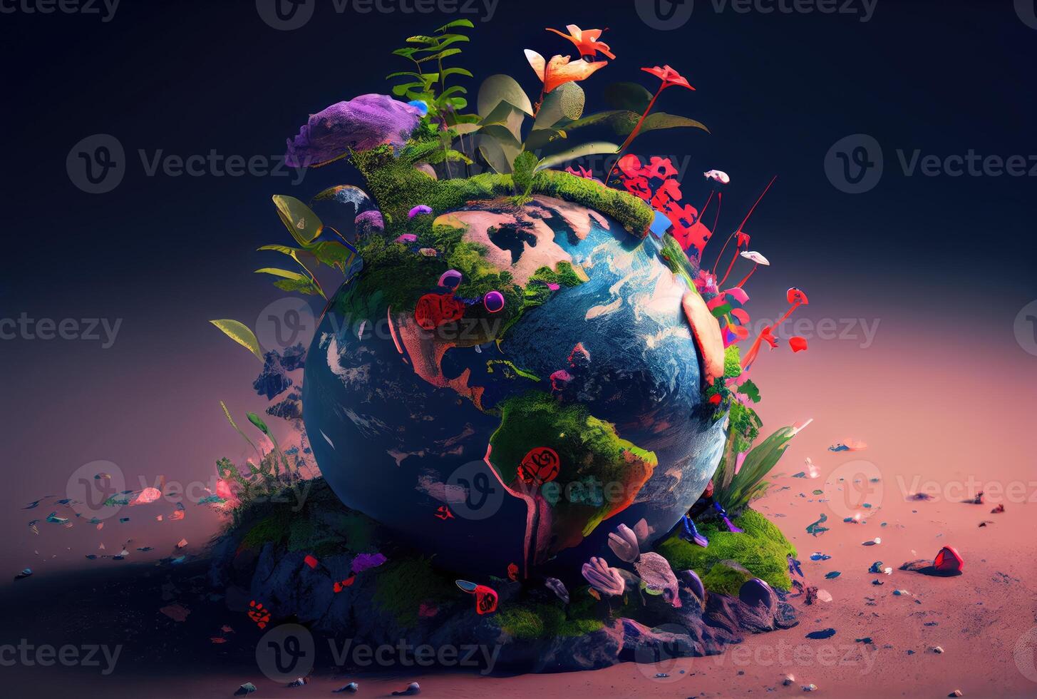 hermosa azul globo en el suelo con decorando en verano temporada antecedentes. belleza en naturaleza y mundo tierra día concepto. generativo ai foto