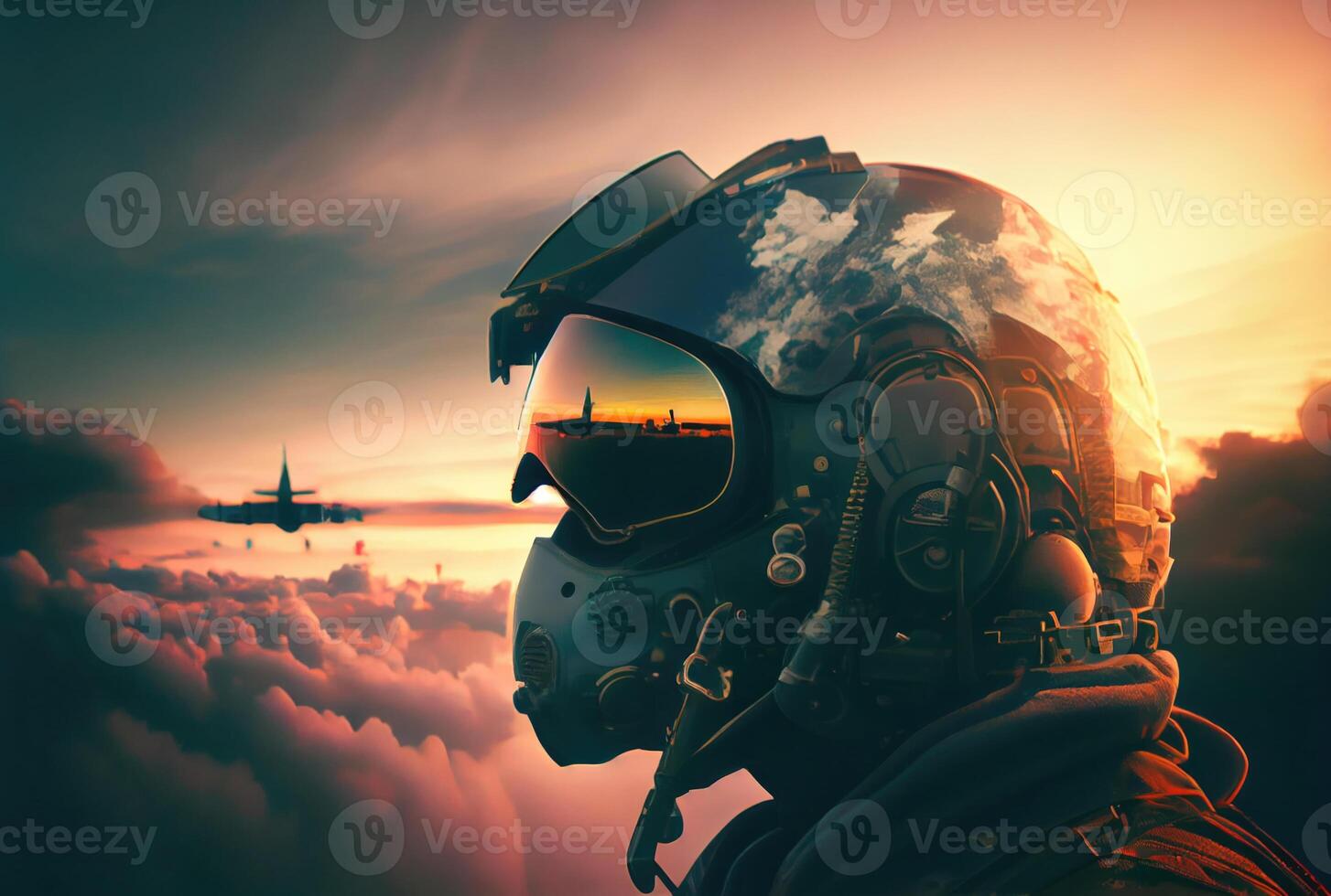 Head shot of fighter pilot flying on the high sky in the airspace for national defense or world war. Portrait of soldier. photo